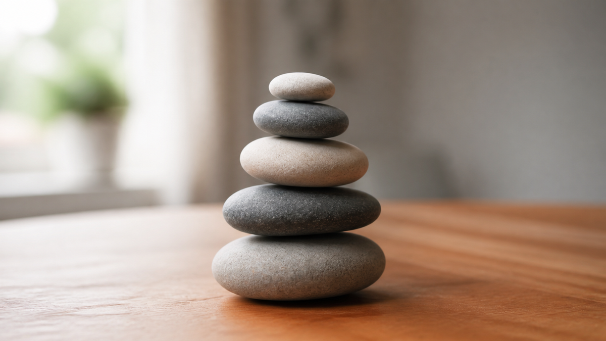 A balanced stack of smooth river stones on a clear wooden surface in soft natural light conveying stability and careful preparation