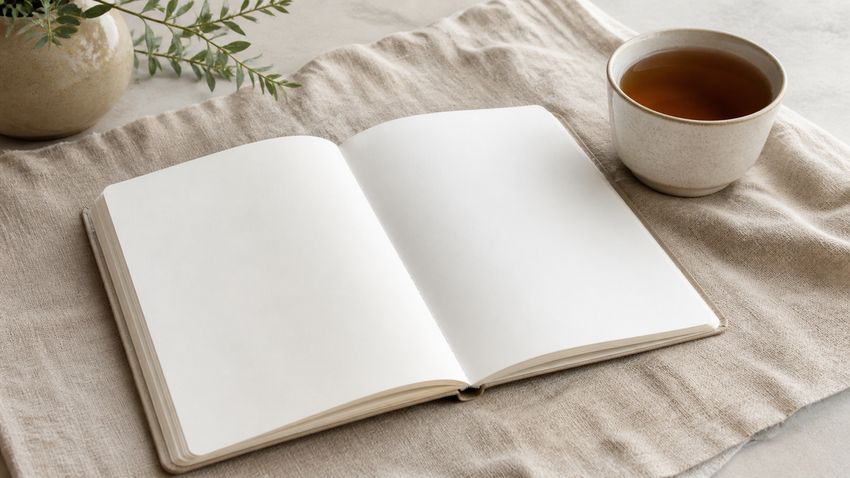 An open blank notebook next to a ceramic cup of tea on a textured linen cloth representing quiet reflection and space for new thoughts