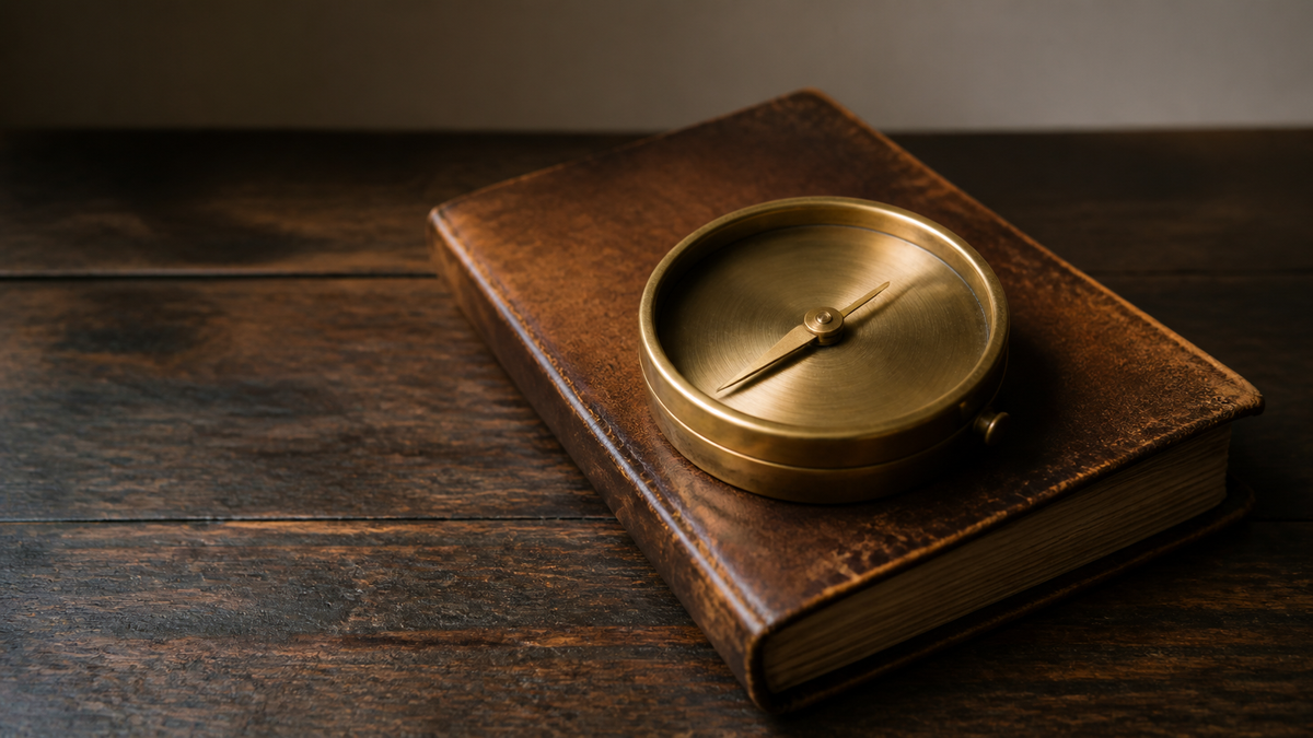 A single compass resting on a worn leather journal suggesting orientation and deliberate pacing without a rushed destination